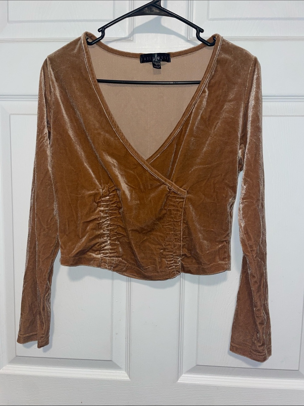 Faux-Velvet Wrap Long-Sleeve Top in Caramel Brown